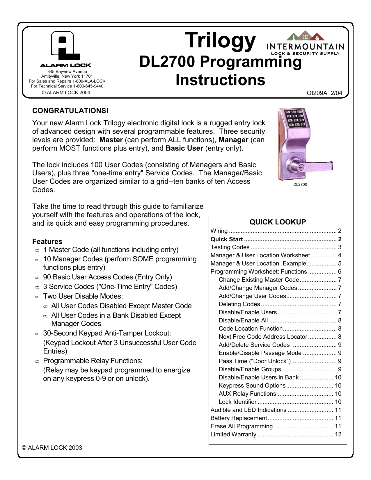 Alarm Lock Trilogy Dl2700 Dl 2700 Operating Instructions Manualzz