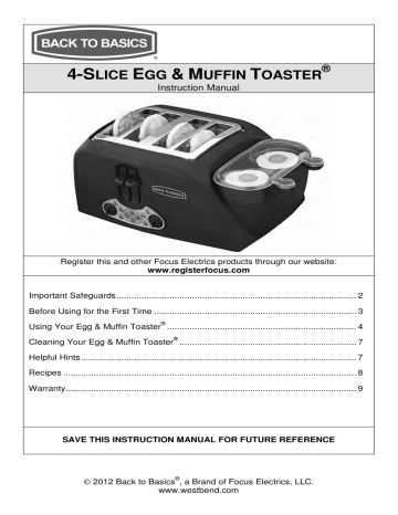 Back to Basics Egg & Muffin Toaster Instructions