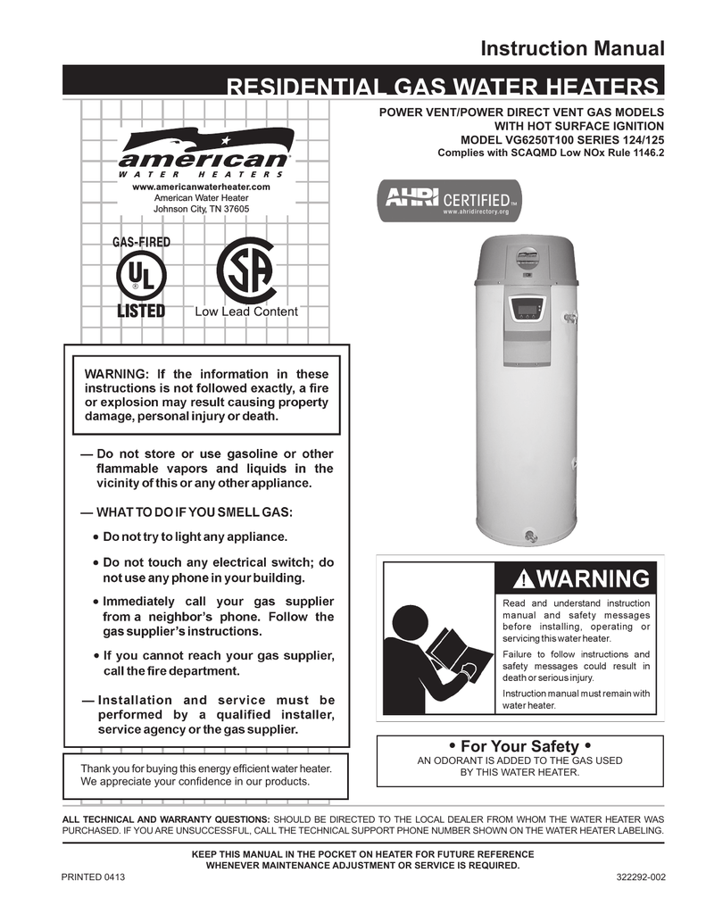 American Water Heater VG6250T100NV Instruction manual | Manualzz