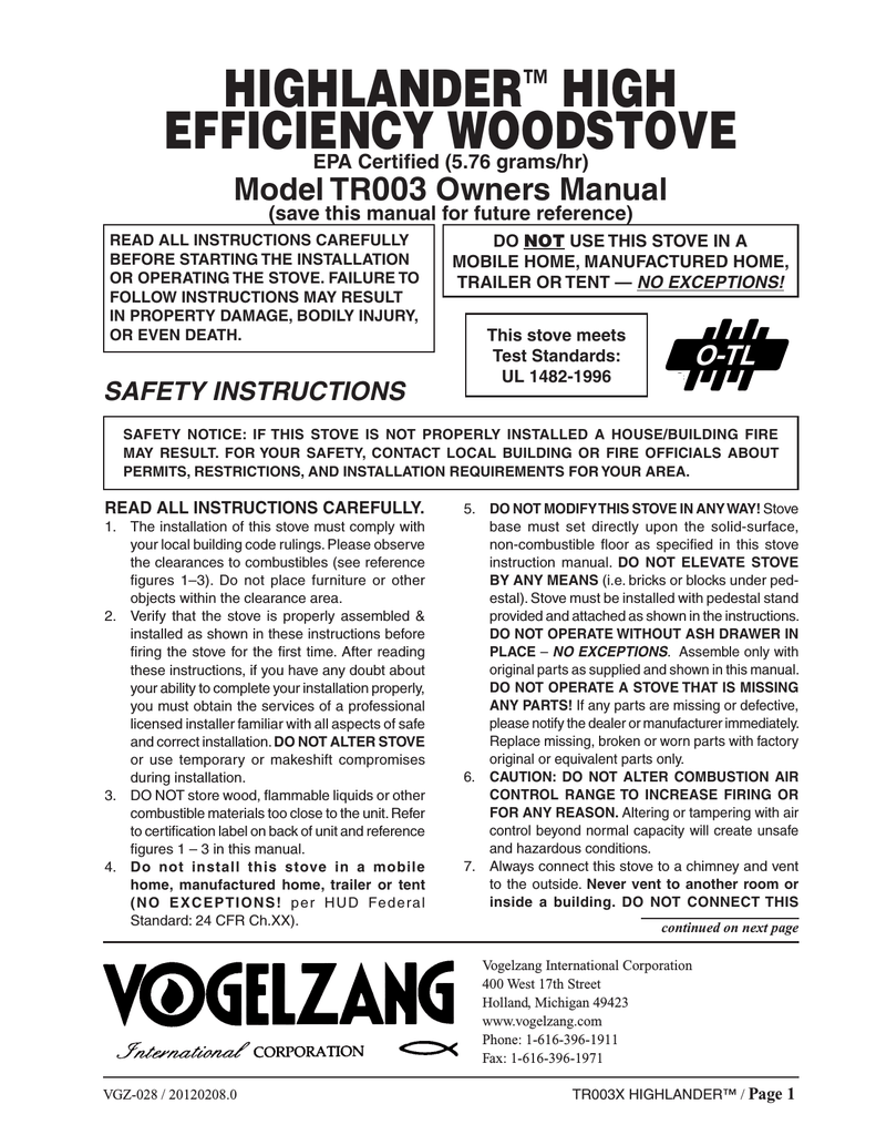Vogelzang International Highlander TR003 Owner's Manual | Manualzz