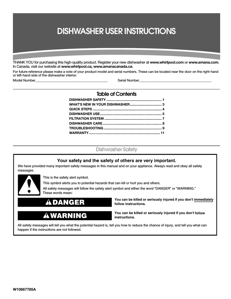 Amana W10667785A User manual DISHWASHER USER INSTRUCTIONS Manualzz