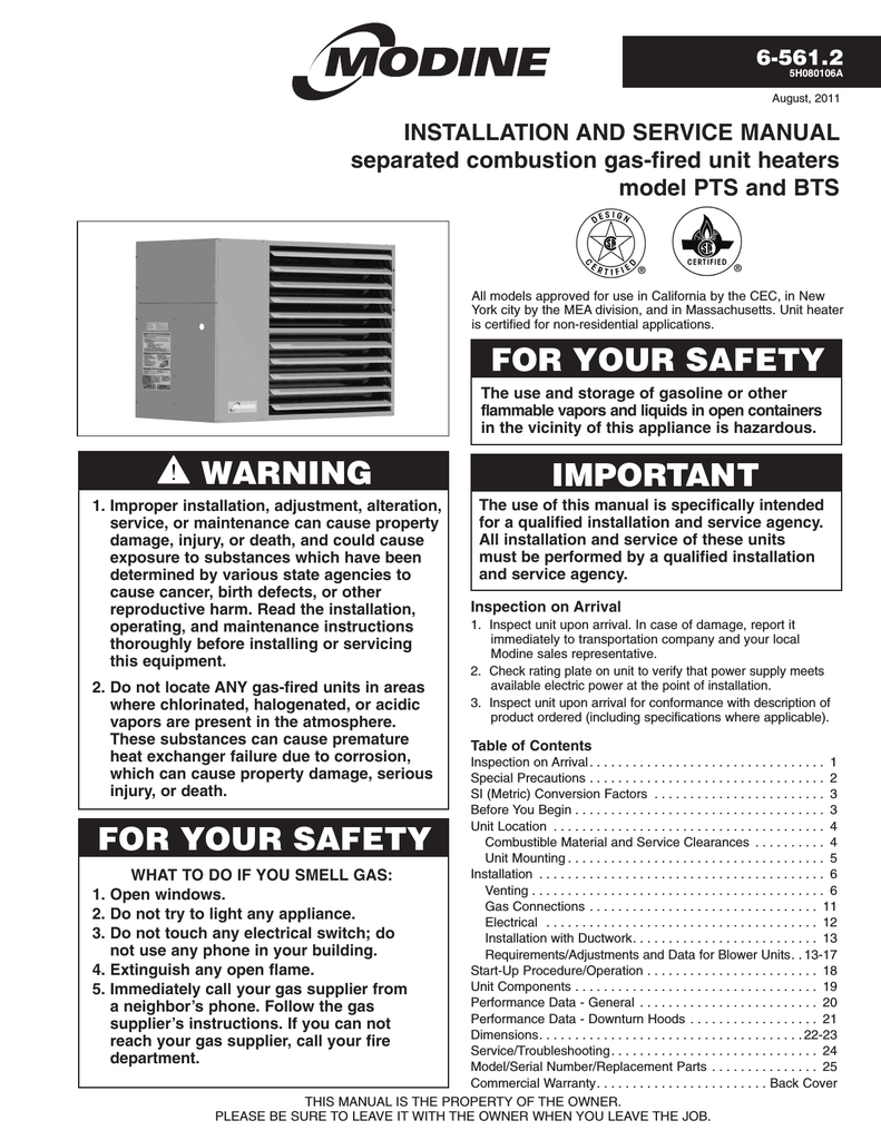 Manual Modine Hot Dawg Heater Modine Hot Dawg® Natural Gas Fired