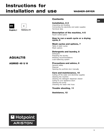 Ariston AQUALTIS AQ82F 29, AQUALTIS AQM8D49UH, AQM8D49UH, AQM8D 49 U H (EU)  /A Manuale utente | Manualzz