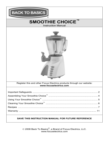 Back to Basics SMOOTHIE CHOICE SM600 Instruction manual | Manualzz