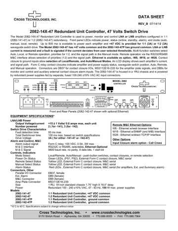 Cross Technologies 2082-14x-47 Redundant Unit Controller, 47 Volts Switch Drive Data Sheet | Manualzz