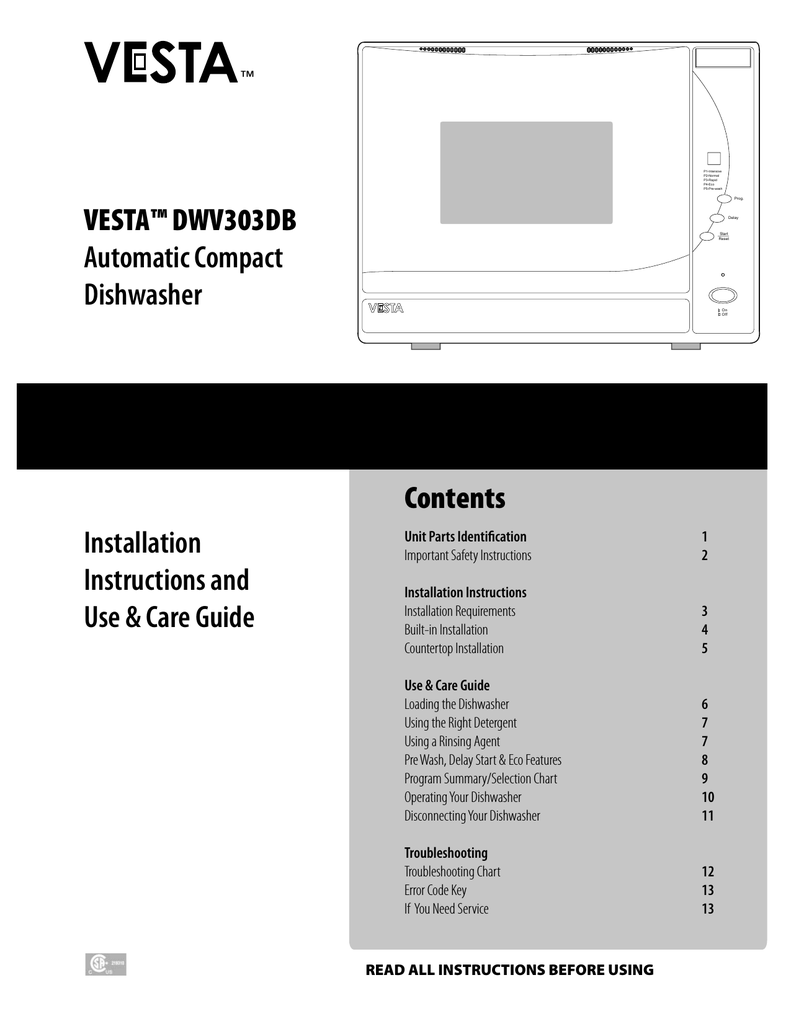 Vesta Dwv303db Use Care Guide Manualzz