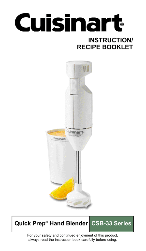 Cuisinart CSB33, CSB33 QuikPrep 2 Speed Handheld Blender Owner's