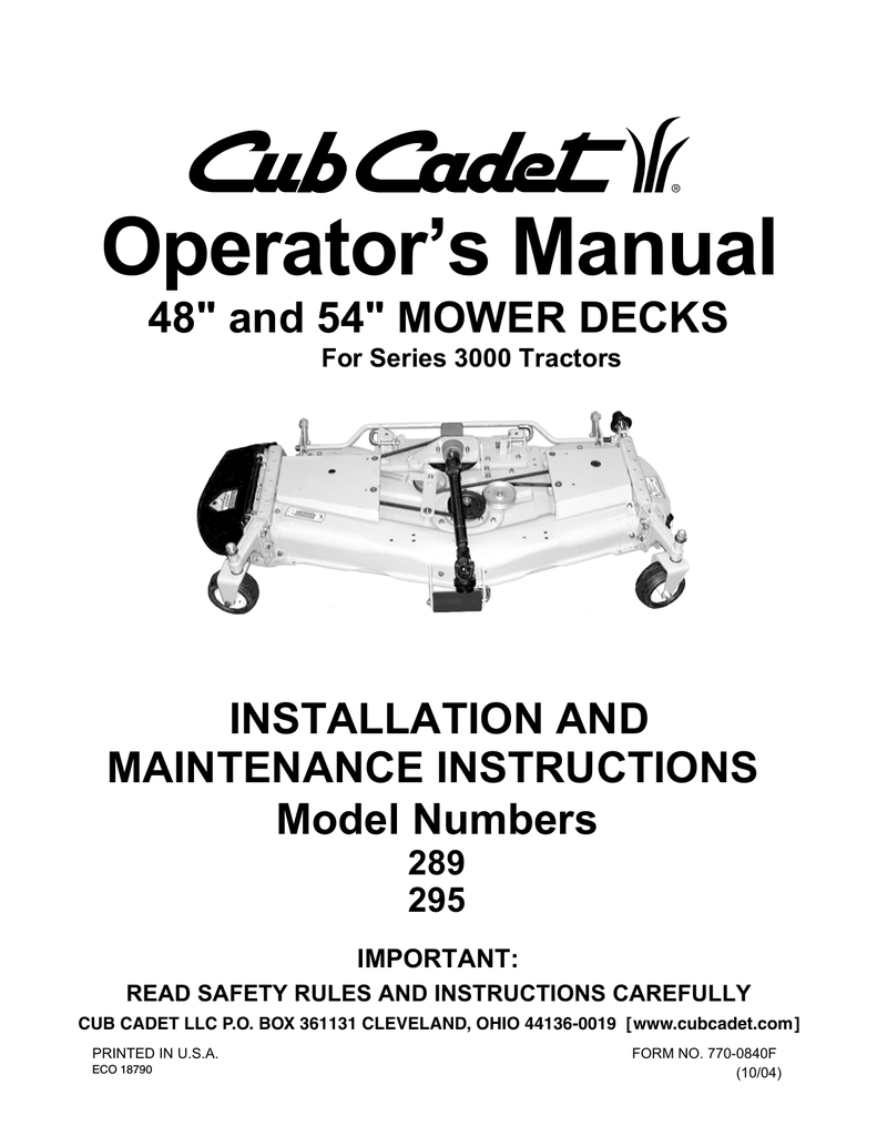 Cub Cadet 295 Operator's Manual - Manualzz