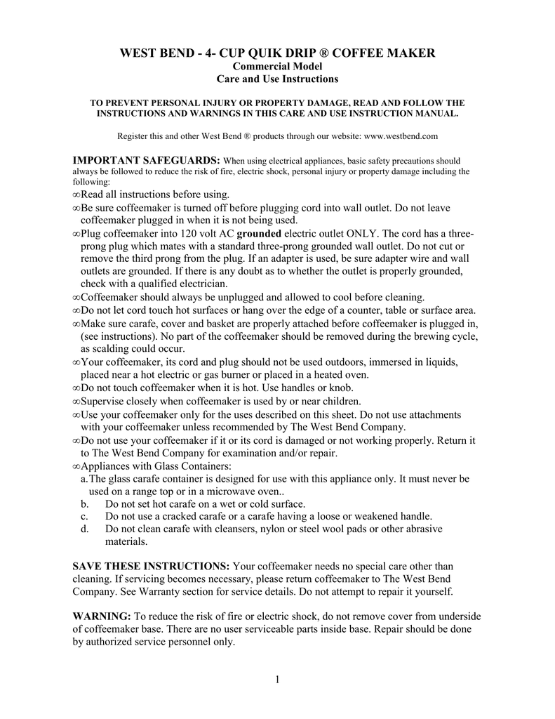 West Bend 56754, SINGLE SERVE COFFEEMAKER, 56764 User manual Manualzz