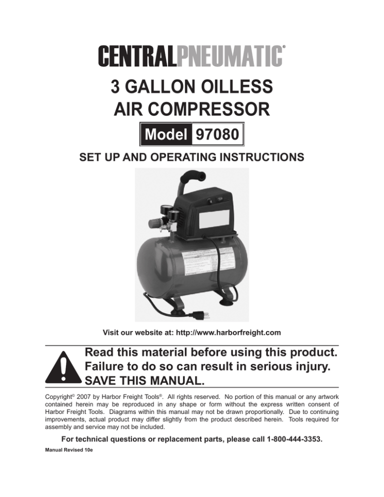 Central Pneumatic Air Compressor Parts Manual