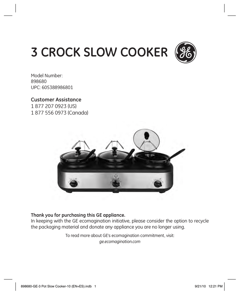 GE Slow Cooker 169200 User Guide