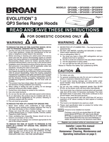 Broan QP342BL Ventilation Hood User manual | Manualzz