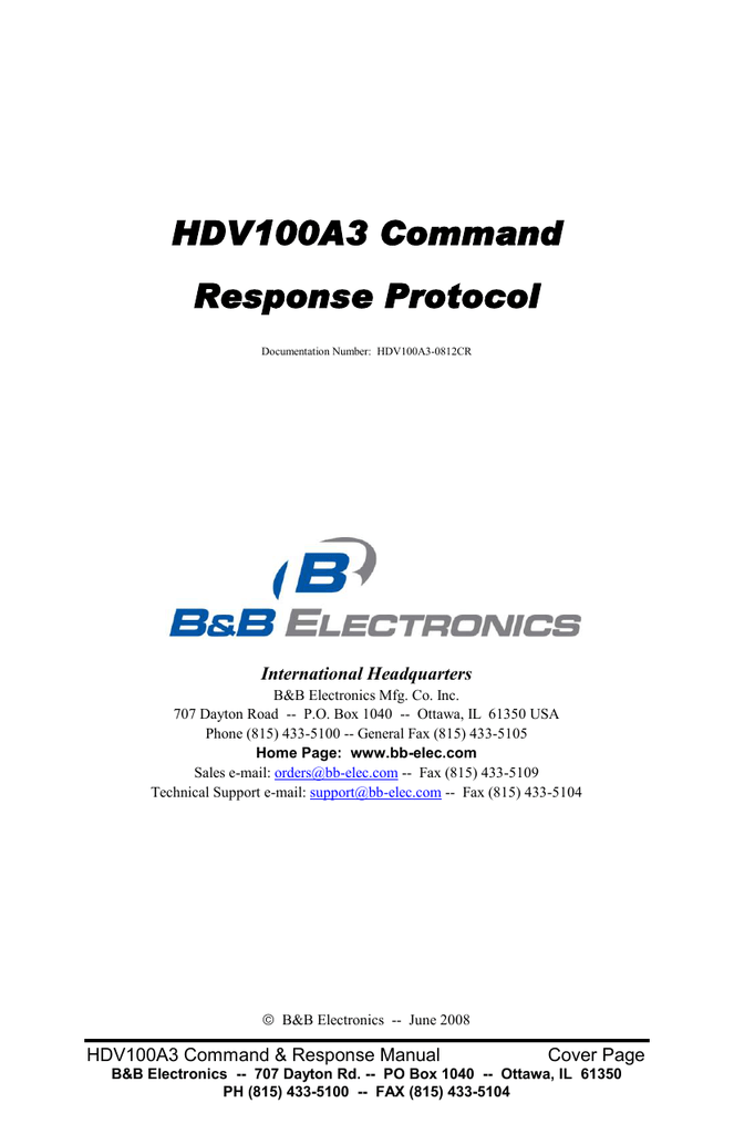 B&B Electronics Command Response Protocol HVD100A3 Product Manual ...