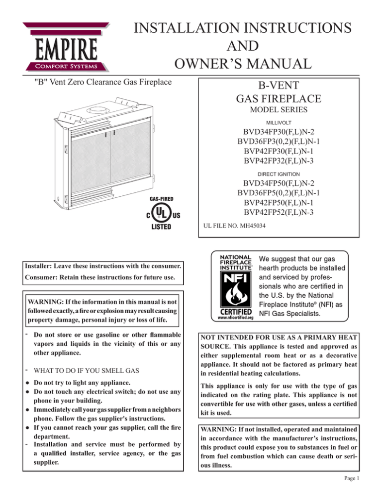 Empire B Vent Zero Clearance Owner S Manual Manualzz