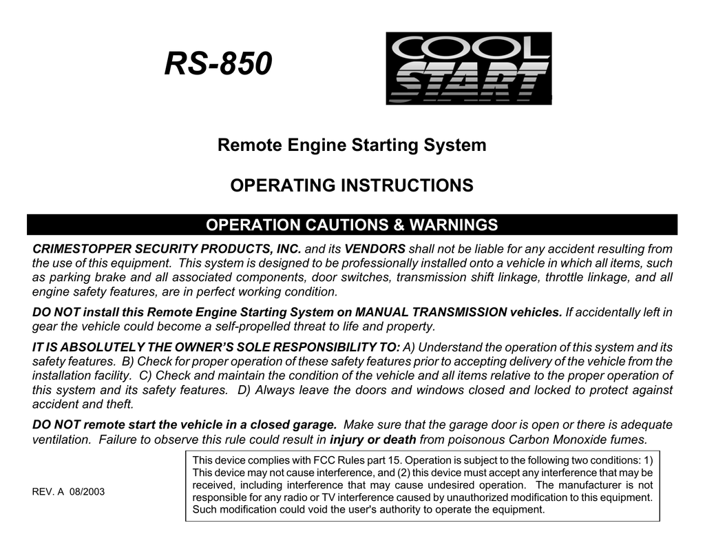 Cool Start Remote Engine Starting System RS-1304DP-II Crime