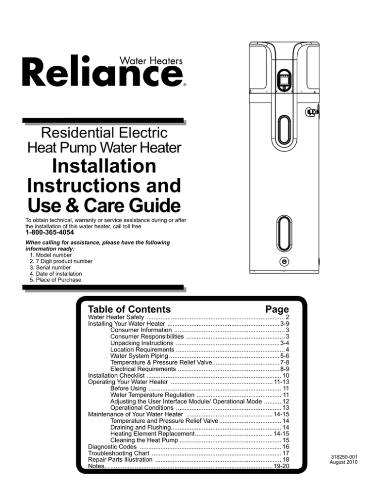 Reliance 606 Electric Water Heater Manual