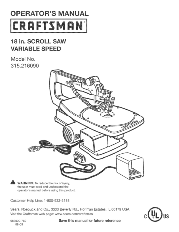 Craftsman 315216090 Scroll Saw Operator`s manual | Manualzz