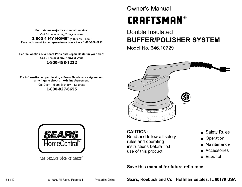 Craftsman 7IN. BUFFER / POLISHER 172.10721 Owner`s manual Manualzz