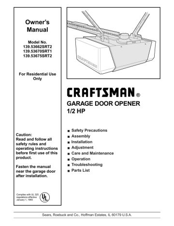 Craftsman 139 53662srt2 Owner S Manual, Sears Craftsman Garage Door Opener 1 2 Hp Manual