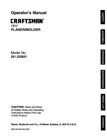 Craftsman 351233831 12-1/2" Planer/Molder Operator`s manual | Manualzz