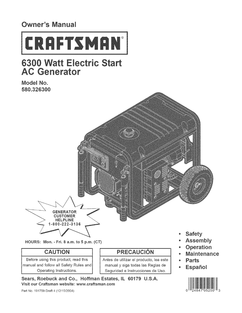 Craftsman 580.326300 580326300 6,300 Watt Portable Generator Carburetor 695918 