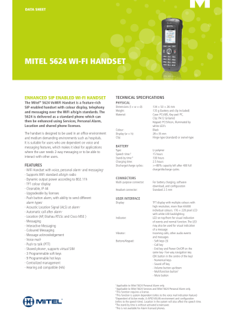 Mitel 5624 VoWiFi Handset Data Sheet | Manualzz