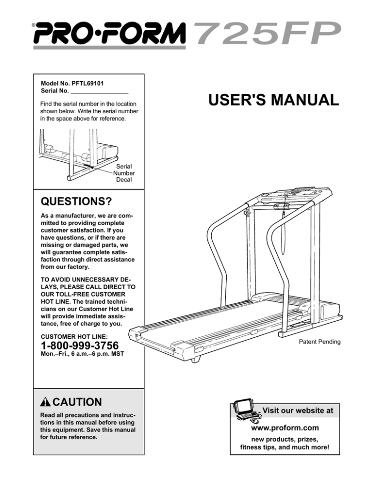 ProForm 725 Fp Treadmill User`s manual | Manualzz