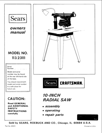 Sears Craftsman  Radial Arm Saw Manual No.113.23112 