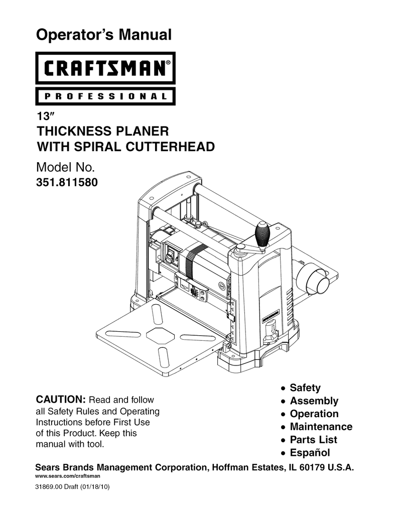 Craftsman 13" Planer Operators Manual No.351.217130 