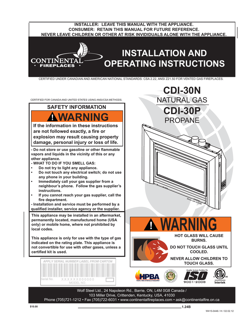 Continental Fireplaces Cdi 30p Operating Instructions Manualzz Com