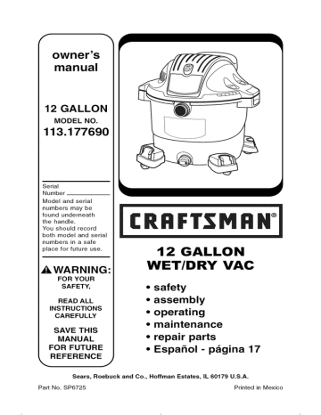 Parts, 12 Gallon Wet/Dry Vac