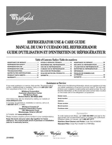 Whirlpool GC3NHAXVQ01 Side-By-Side Refrigerator Use & care guide | Manualzz