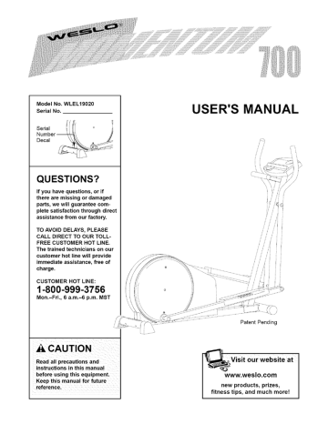 Weslo MOMENTUM 700 User`s manual | Manualzz