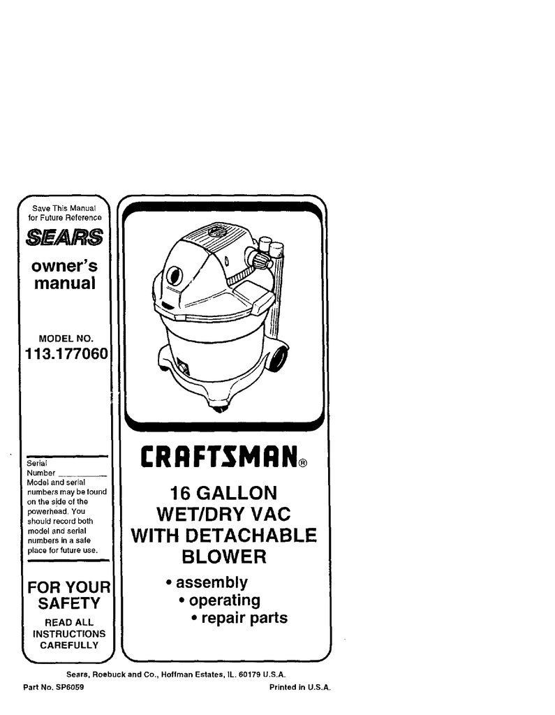 Craftsman 17965 6 Gal. Wet/Dry Vac Owner`s manual Manualzz