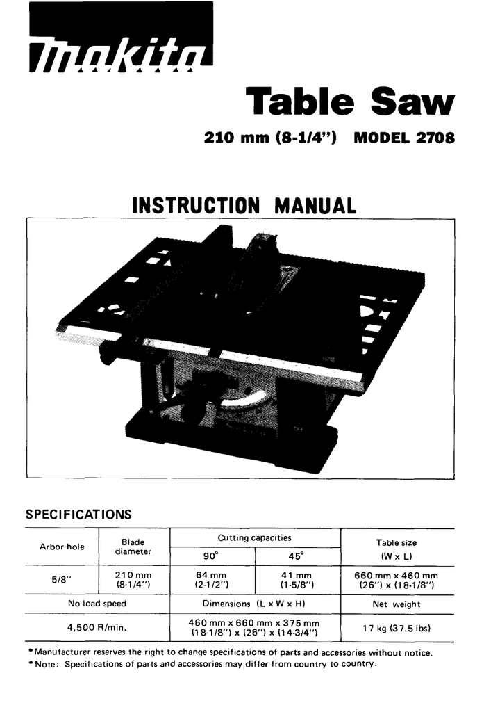 User Manual For Table Saw Model 113.298090