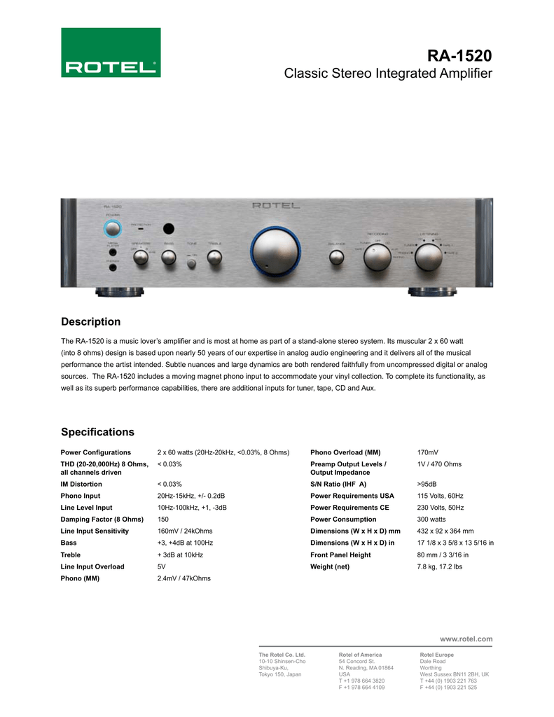 Rotel Ra 15 Info Sheet Manualzz