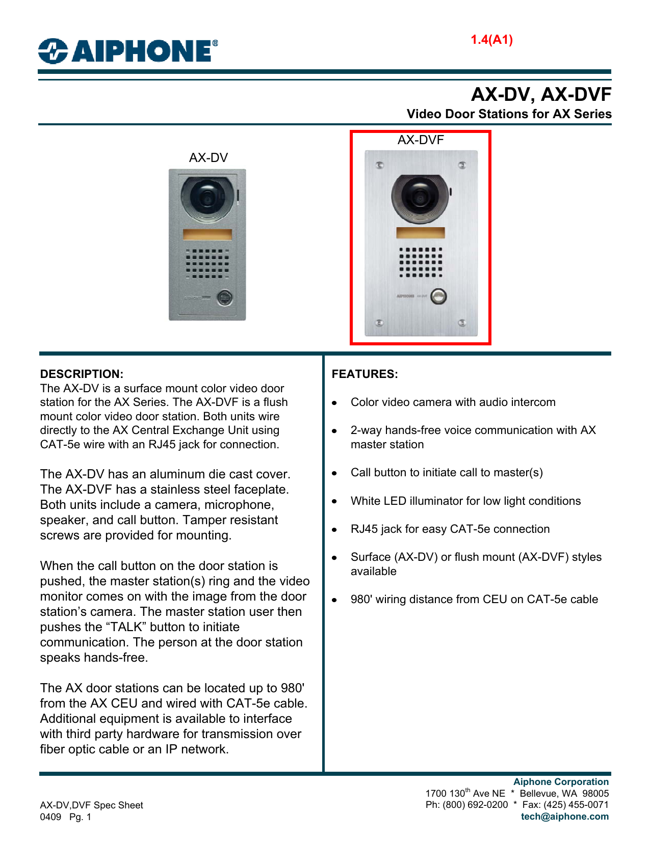 Free Ship Aiphone Intercom AX-DVF Flush Door Camera for AX Series Master Unit 