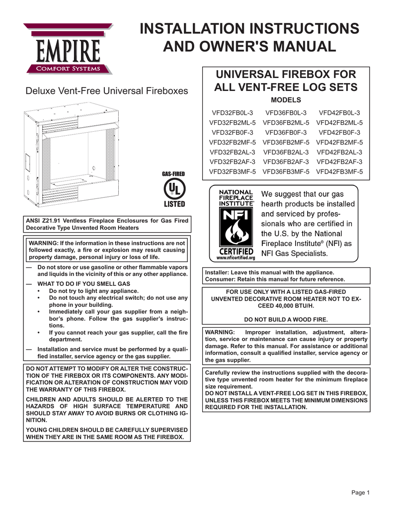 Empire Comfort Systems Vfd32fb0l 3 Owner S Manual Manualzz Com