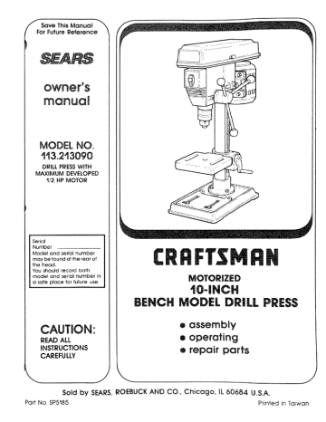 Craftsman 113213090 Drill Press Owner's Manual | Manualzz