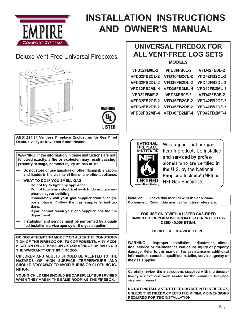 Empire Comfort Systems Vfd32fb0f 2 Owner S Manual Manualzz Com