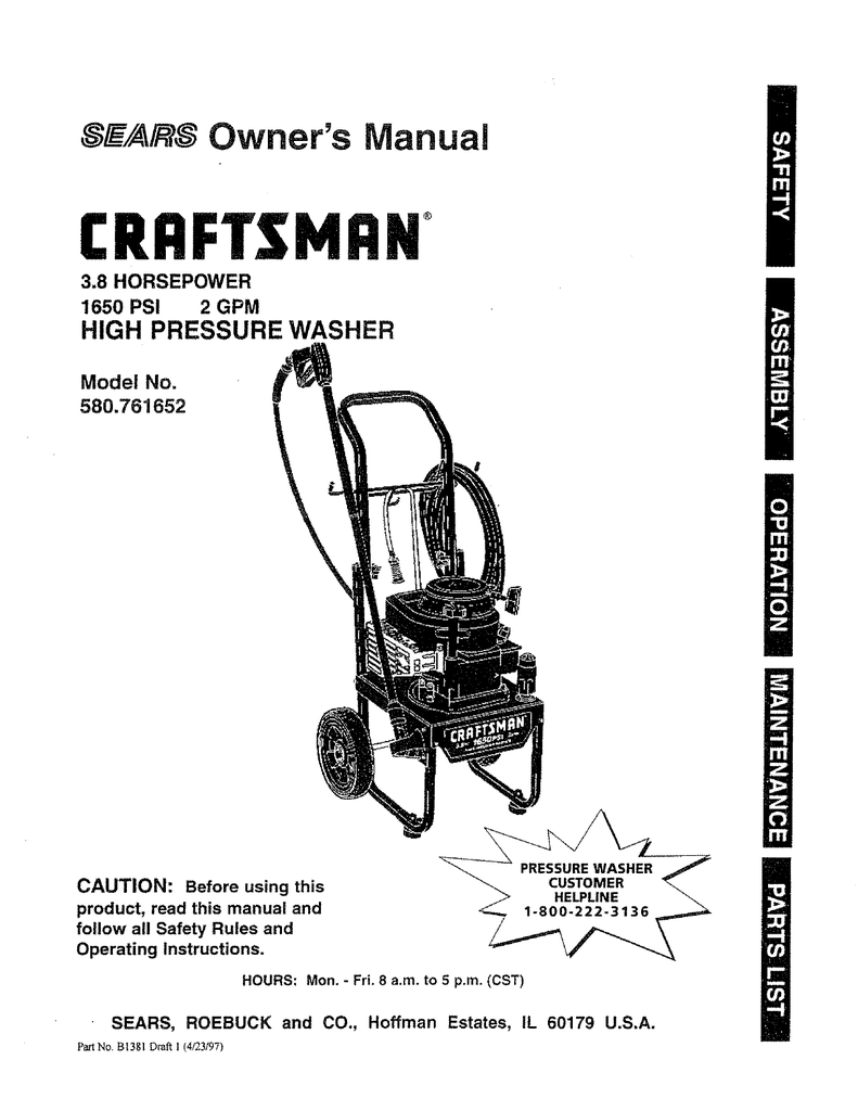 Craftsman HIGH PRESSURE WASHER 580.76225 Operating instructions Manualzz