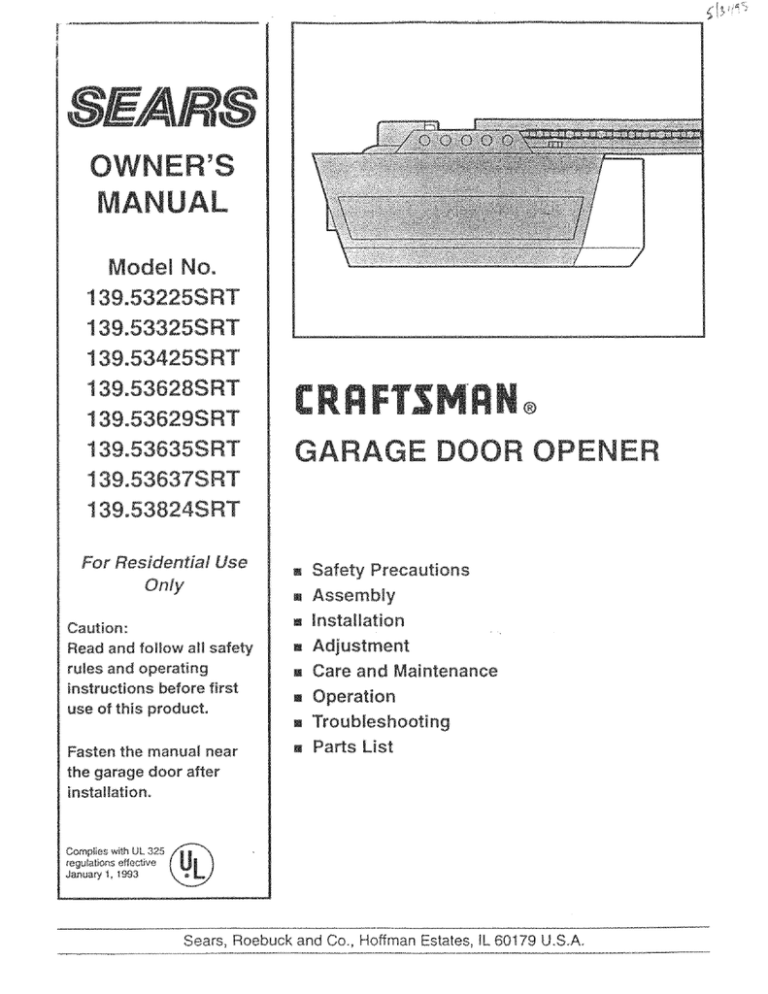 Sears 139.53975srt1 Garage Door Opener User Manual