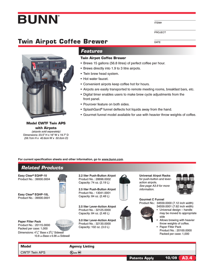 BunnOMatic CWTF Twin APS General Manual Manualzz