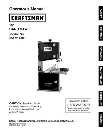 Craftsman 351214000 Band Saw Operator`s manual | Manualzz