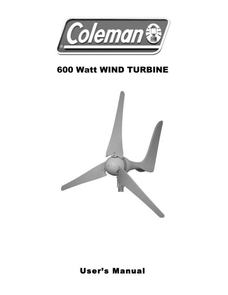 Coleman 600 Watt WIND TURBINE User`s manual Manualzz
