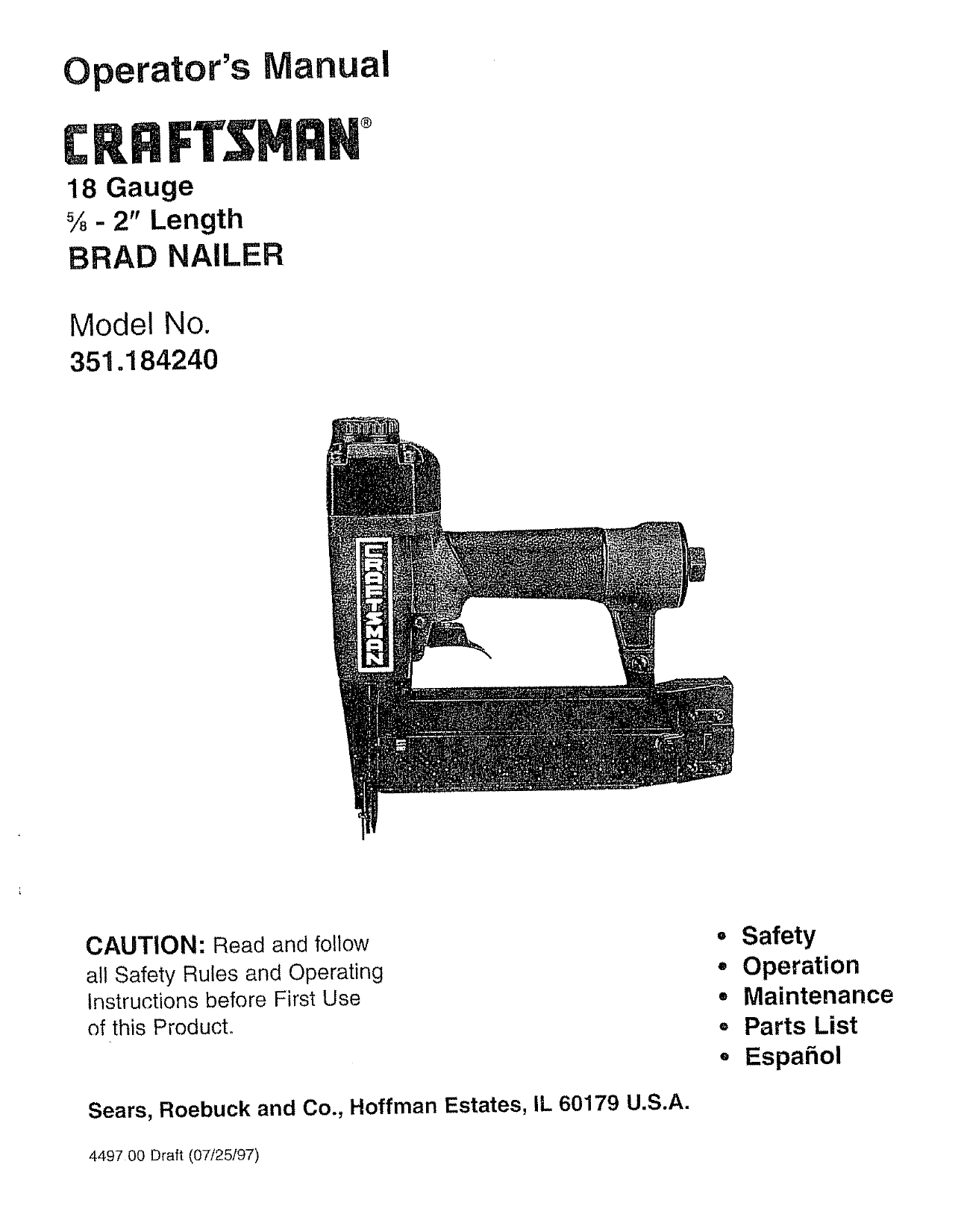 Craftsman 351184240 Brad Nailer Owner's Manual Manualzz