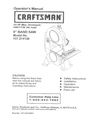 Craftsman 315.214490 Band Saw Owners Instruction Manual 