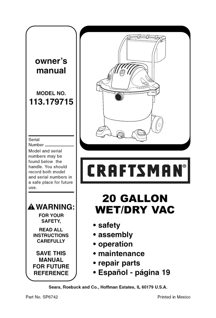 Parts, 20 Gallon Wet/Dry Vac