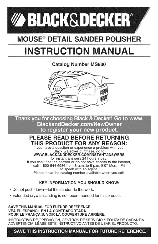 Black & Decker MS800B MOUSE Detail Sander (Type 1) Parts and
