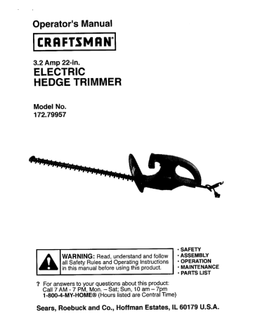 Craftsman 17279957 Hedge Trimmer Operator`s manual | Manualzz
